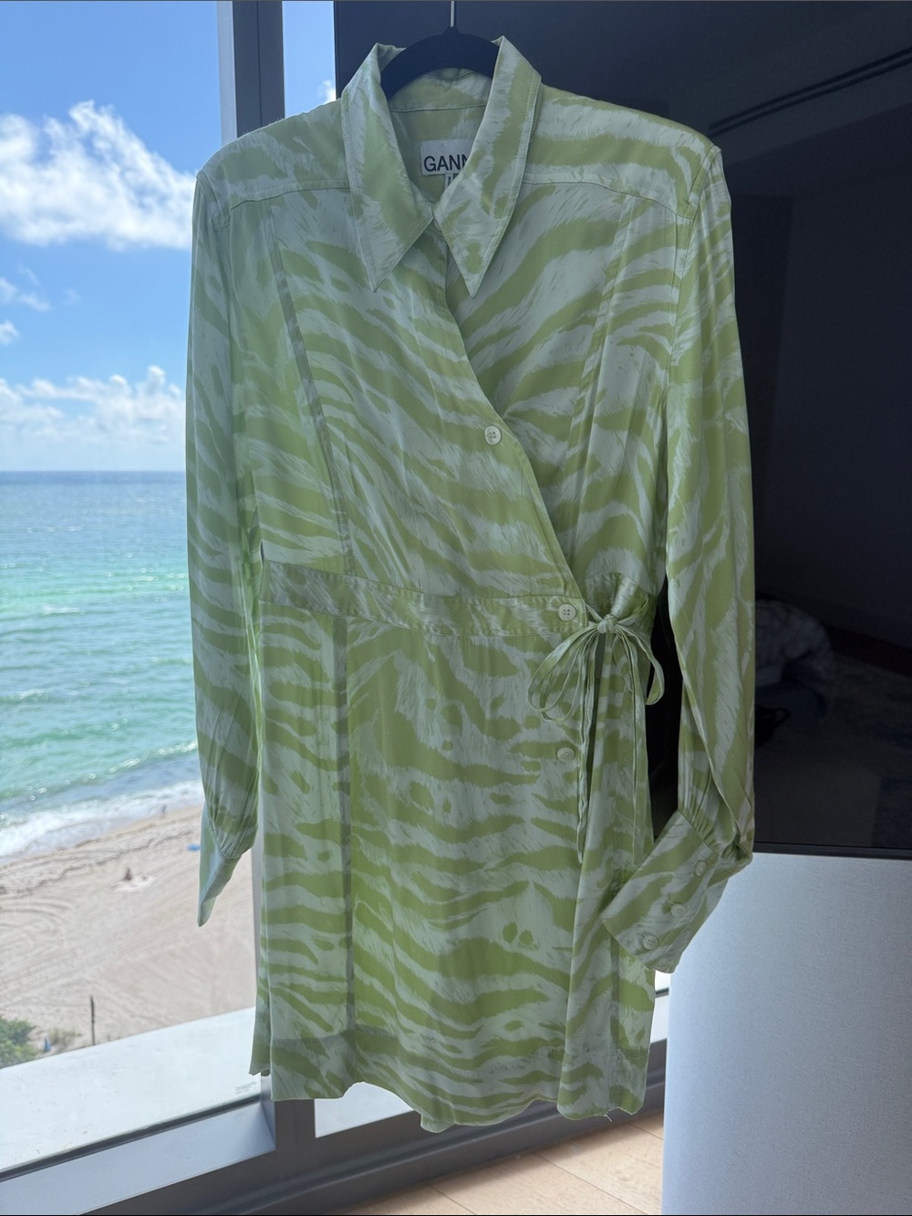 Ganni Light Green Zebra-Print Wrap Shirt Dress